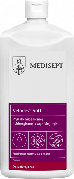 <b>Velodes Soft 500ml. </b>Płyn do higienicznej i chirurgicznej dezynfekcji rąk.