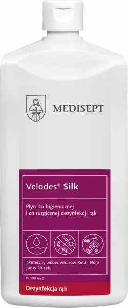 <b>Velodes Silk 500ml. </b>Płyn do higienicznej i chirurgicznej dezynfekcji rąk.